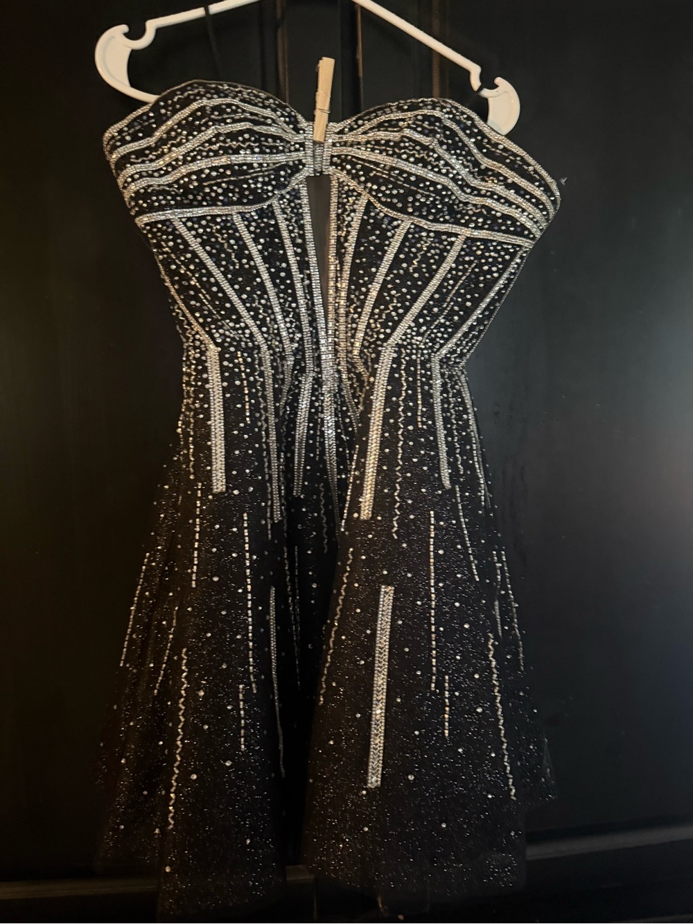 Alyce Paris Black Strapless Beaded Corset Mini with Silver Accents